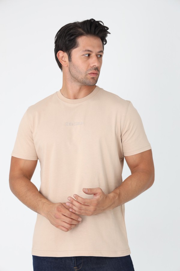 Zekora Erkek T-Shirt - Bej Gri Yazı
